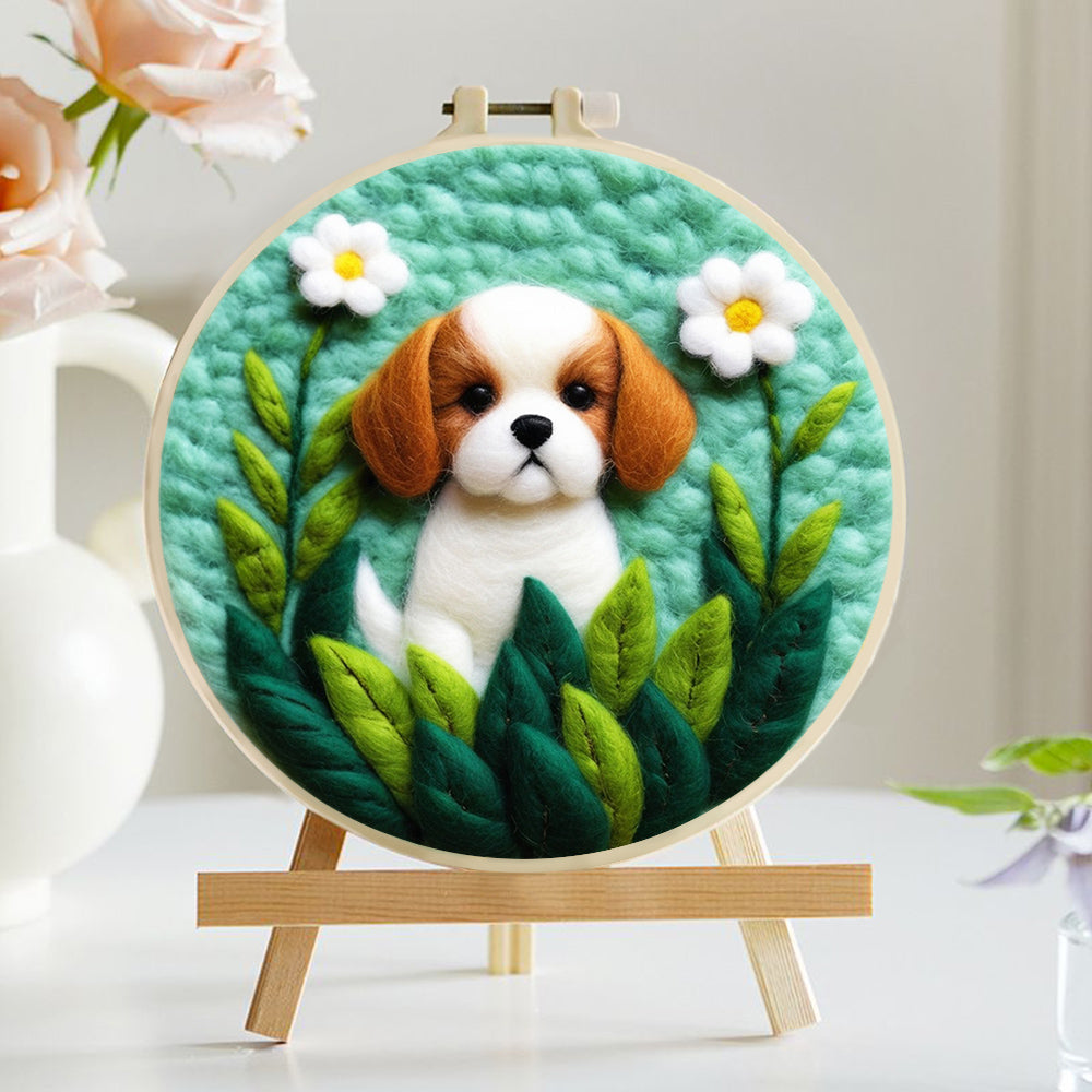 Sweet Puppy with White Flowers Wool Needle Felting Painting Kit