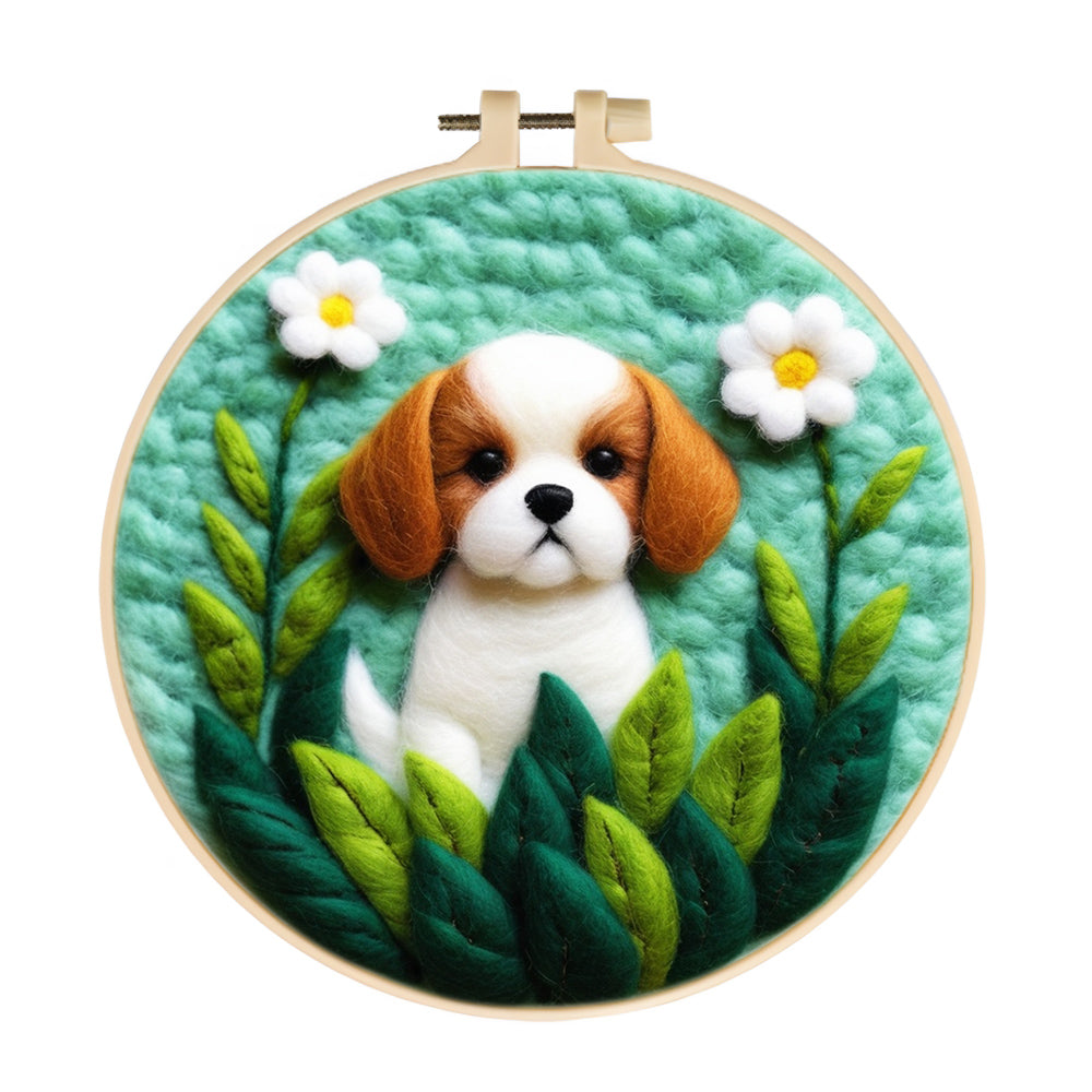 Sweet Puppy with White Flowers Wool Needle Felting Painting Kit