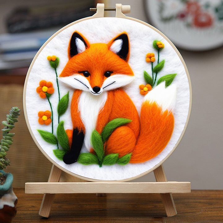 Orange Fox Sits Among Green Leaves Wool Needle Felting Painting Kit