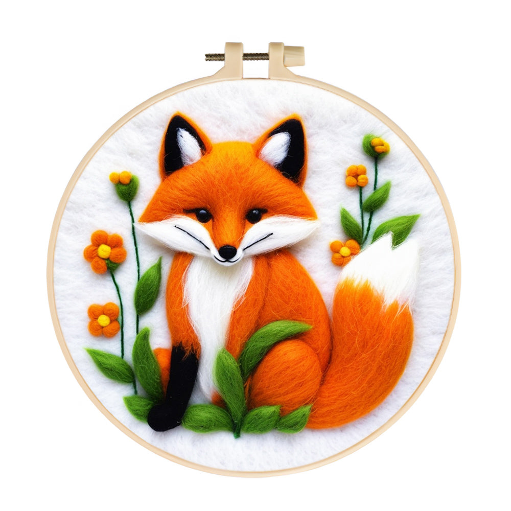 Orange Fox Sits Among Green Leaves Wool Needle Felting Painting Kit
