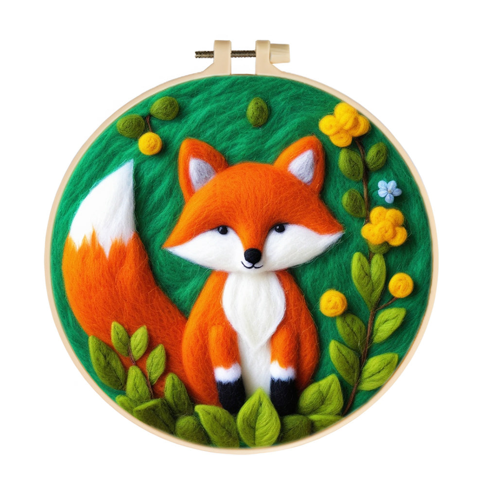 Soft Flowers Accentuate Sitting Fox Wool Needle Felting Painting Kit