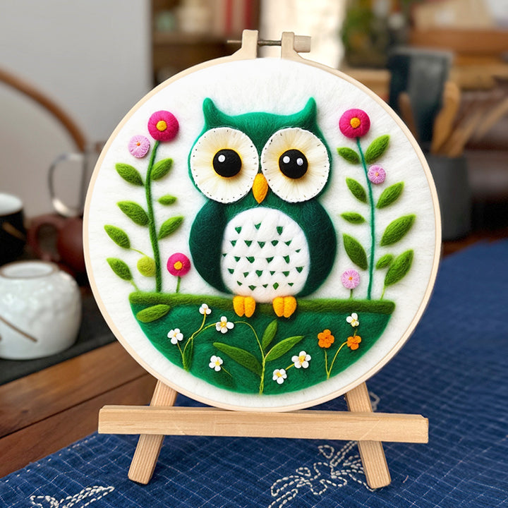 Owl Nestled in a Flowering Meadow Wool Needle Felting Painting Kit