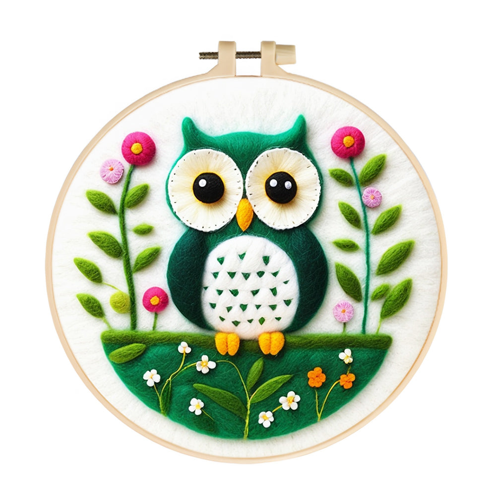 Owl Nestled in a Flowering Meadow Wool Needle Felting Painting Kit