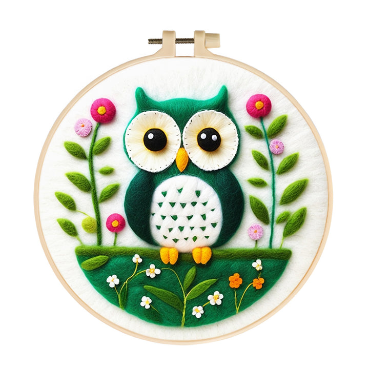 Owl Nestled in a Flowering Meadow Wool Needle Felting Painting Kit