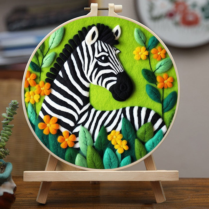 Striped Zebra Surrounded by Flowers Wool Needle Felting Painting Kit