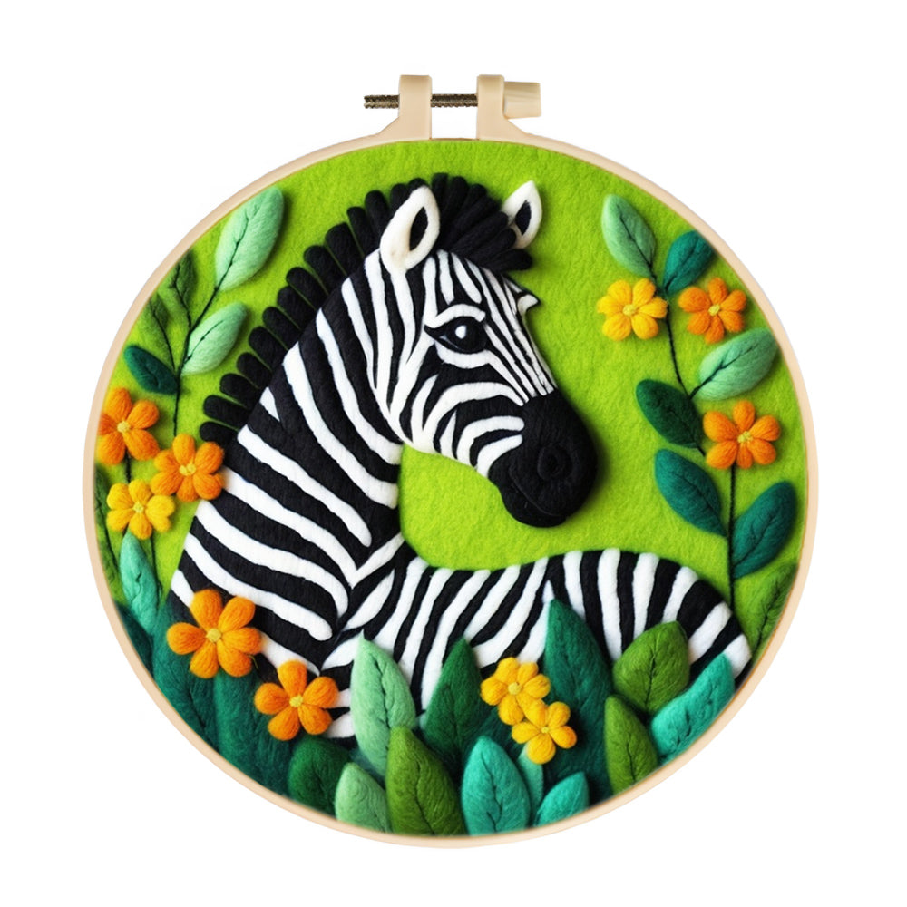 Striped Zebra Surrounded by Flowers Wool Needle Felting Painting Kit