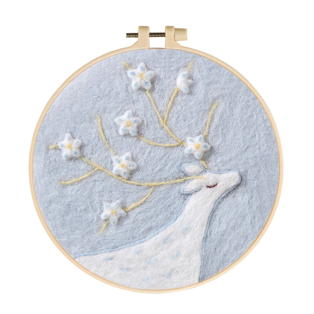 Snow-White Sika Deer Wool Needle Felting Painting Kit