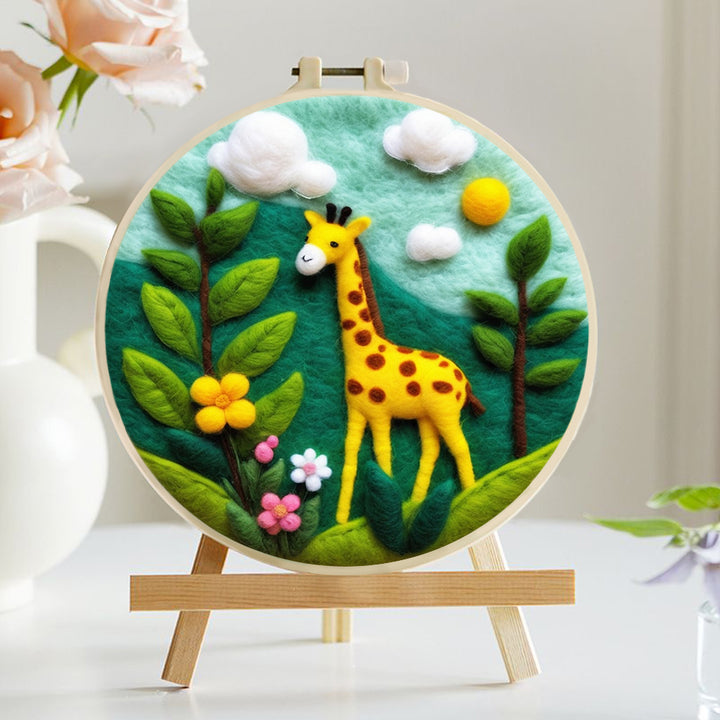 Cute Giraffe with Trees and Flowers Wool Needle Felting Painting Kit