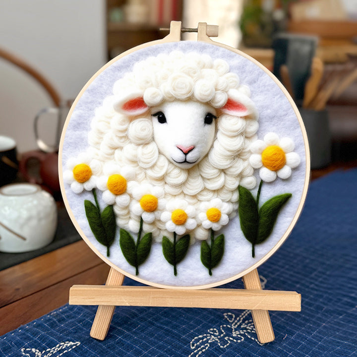 Fluffy Sheep Surrounded by Daisies Wool Needle Felting Painting Kit