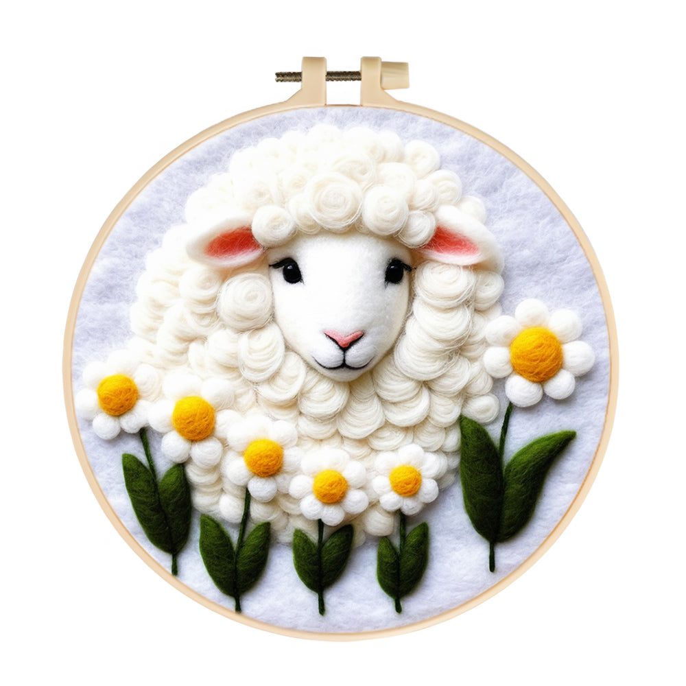 Fluffy Sheep Surrounded by Daisies Wool Needle Felting Painting Kit