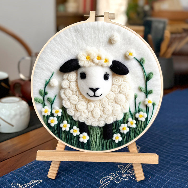 Cute Sheep Among Wildflowers Wool Needle Felting Painting Kit