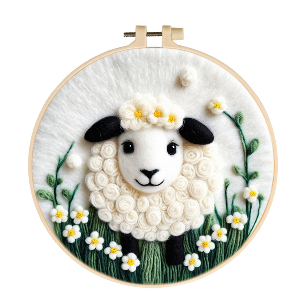 Cute Sheep Among Wildflowers Wool Needle Felting Painting Kit