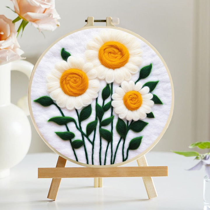 Simple White Daisy Flowers With Stems Wool Needle Felting Painting Kit