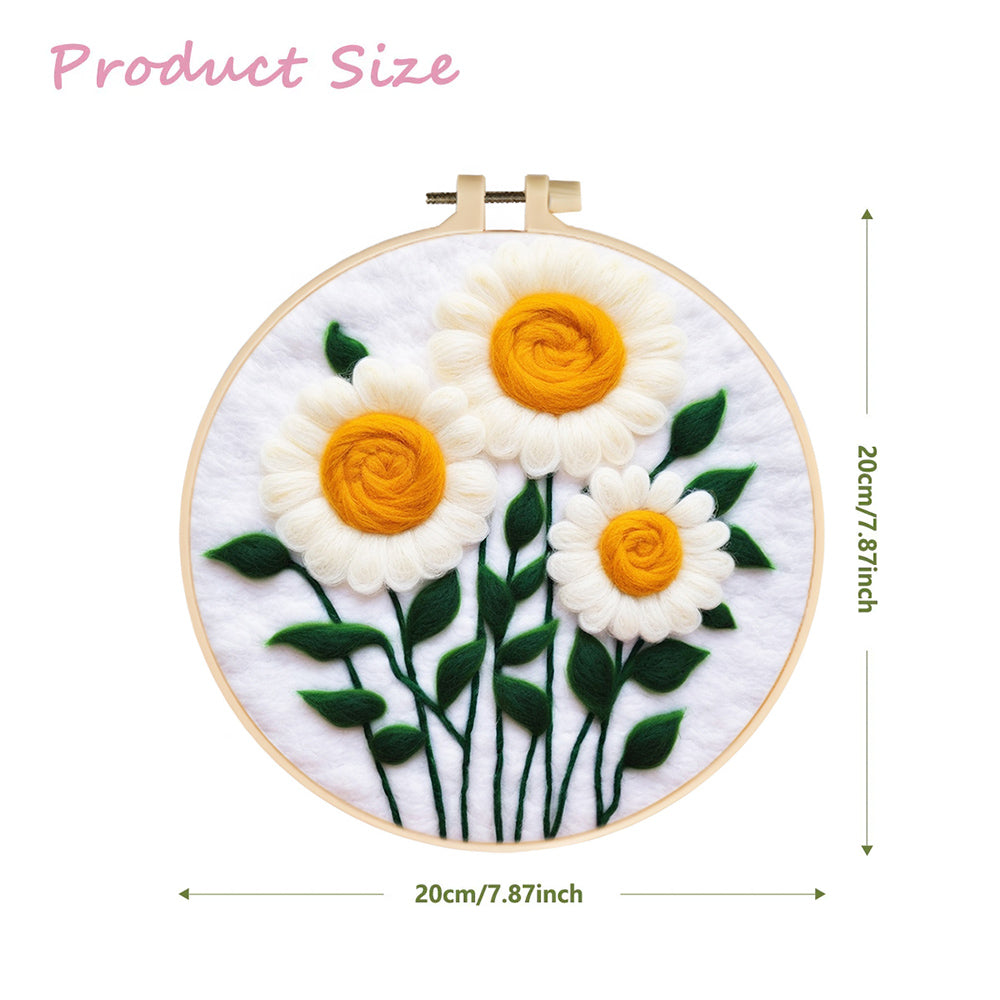 Simple White Daisy Flowers With Stems Wool Needle Felting Painting Kit