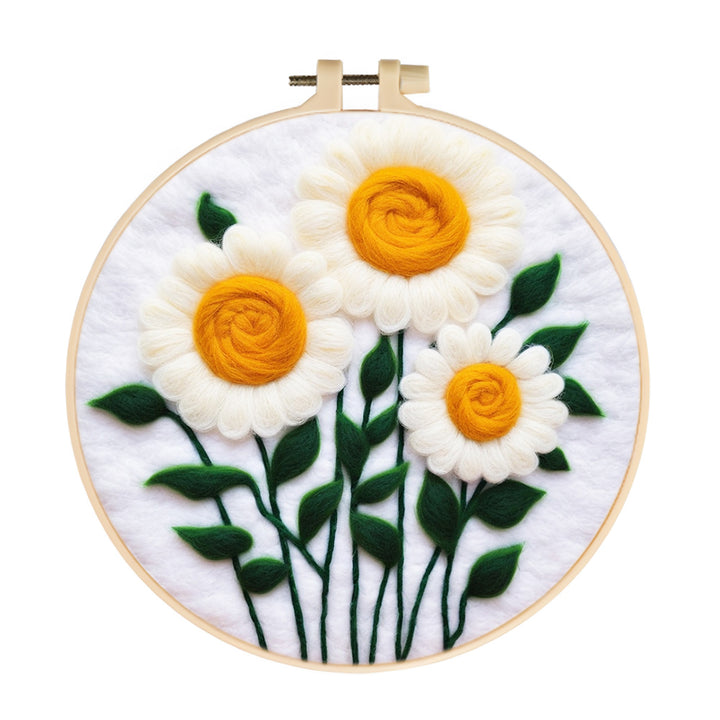 Simple White Daisy Flowers With Stems Wool Needle Felting Painting Kit