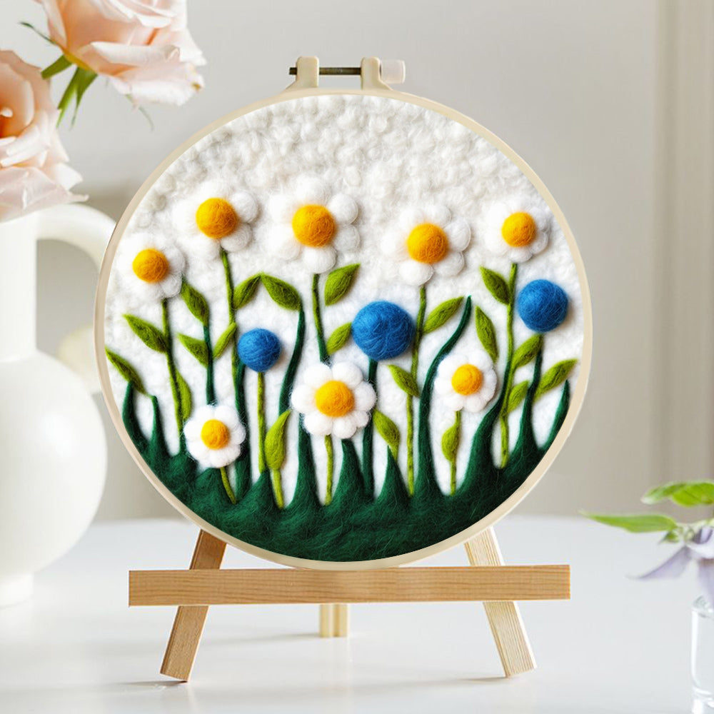 Soft Daisy Flowers With Blue Flowers Wool Needle Felting Painting Kit