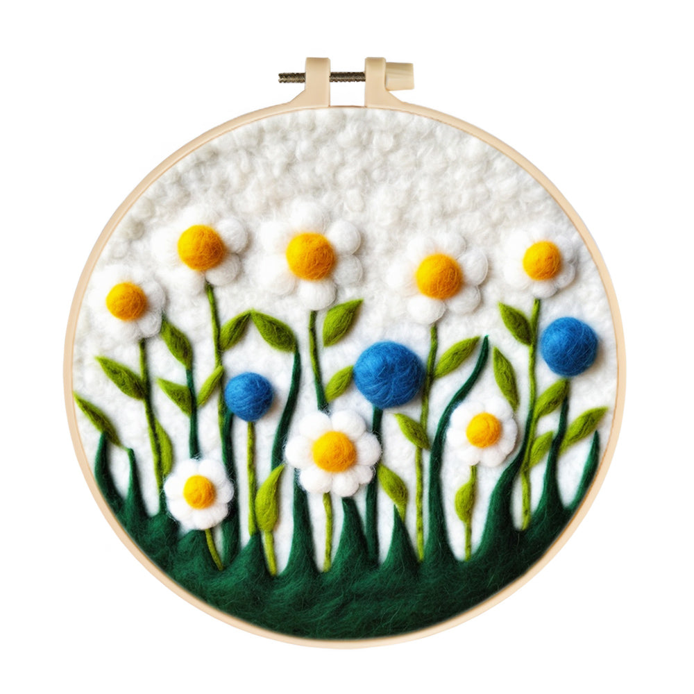 Soft Daisy Flowers With Blue Flowers Wool Needle Felting Painting Kit
