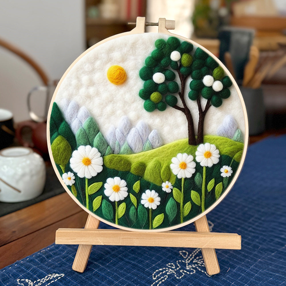 Serene Landscape with Daisies, Trees, and Sky Wool Needle Felting Painting Kit