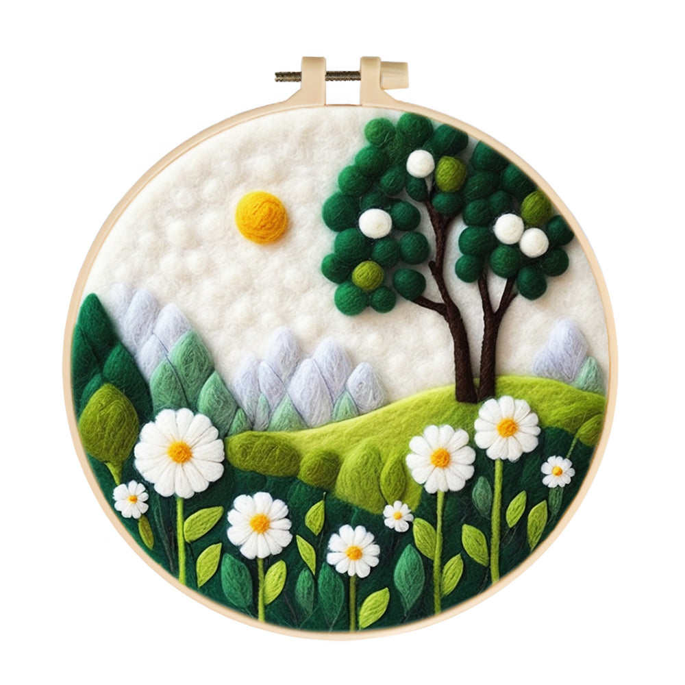 Serene Landscape with Daisies, Trees, and Sky Wool Needle Felting Painting Kit