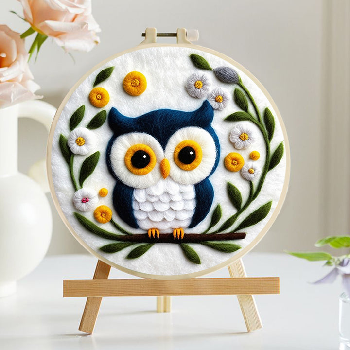 Soft Blue Owl Surrounded by Flowers Wool Needle Felting Painting Kit
