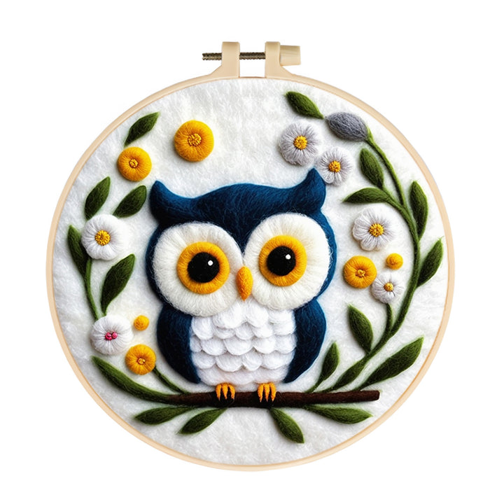 Soft Blue Owl Surrounded by Flowers Wool Needle Felting Painting Kit