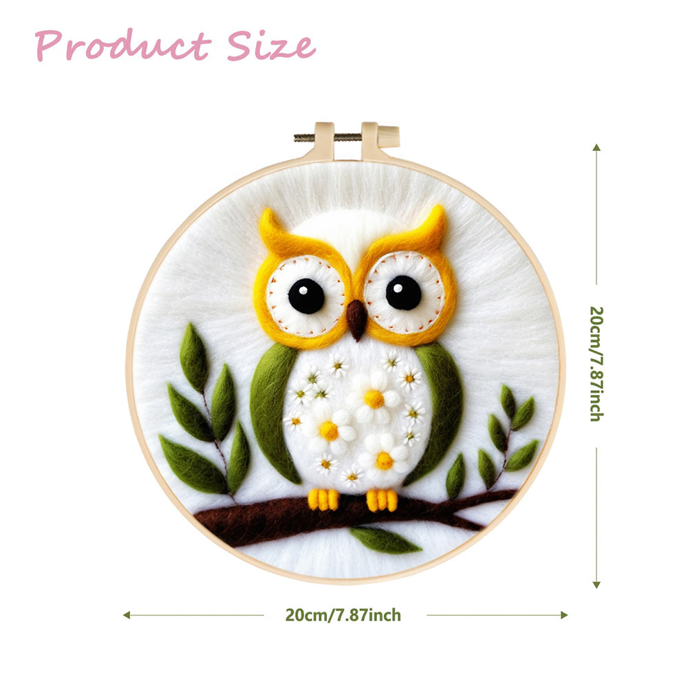 Green Leaves Framing Calm Owl Wool Needle Felting Painting Kit