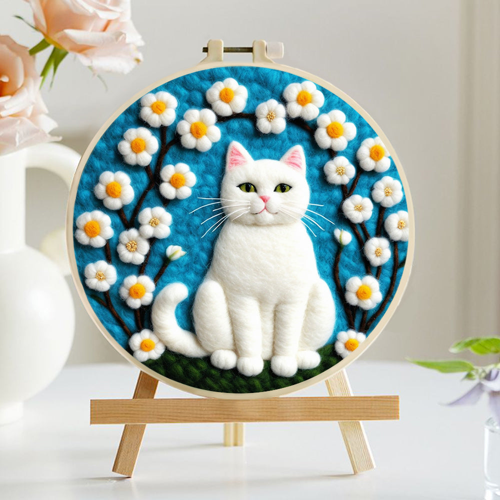 Pure White Cat Surrounded by Flowers Wool Needle Felting Painting Kit