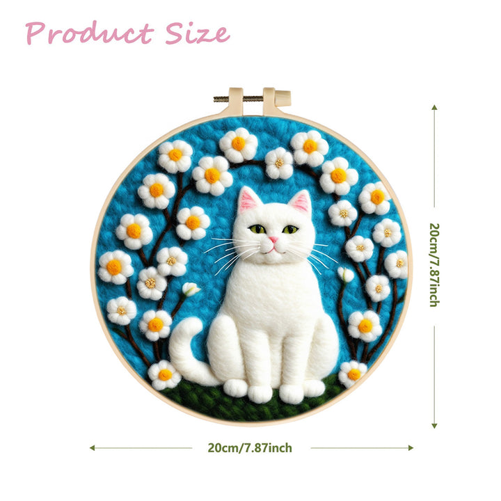 Pure White Cat Surrounded by Flowers Wool Needle Felting Painting Kit