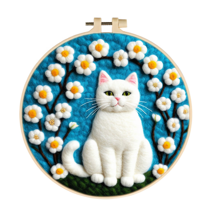 Pure White Cat Surrounded by Flowers Wool Needle Felting Painting Kit