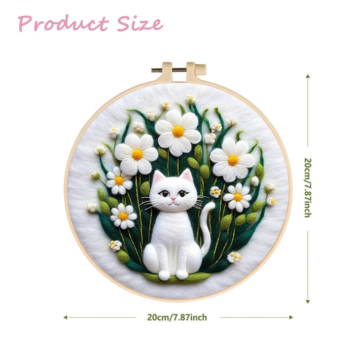 Soft White Cat With Daisy Flowers Wool Needle Felting Painting Kit