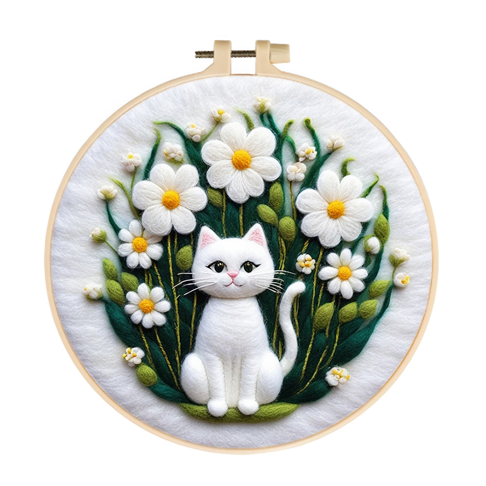 Soft White Cat With Daisy Flowers Wool Needle Felting Painting Kit