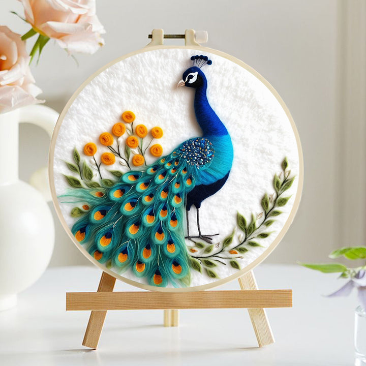 Vivid Peacock With Floral Branches Wool Needle Felting Painting Kit