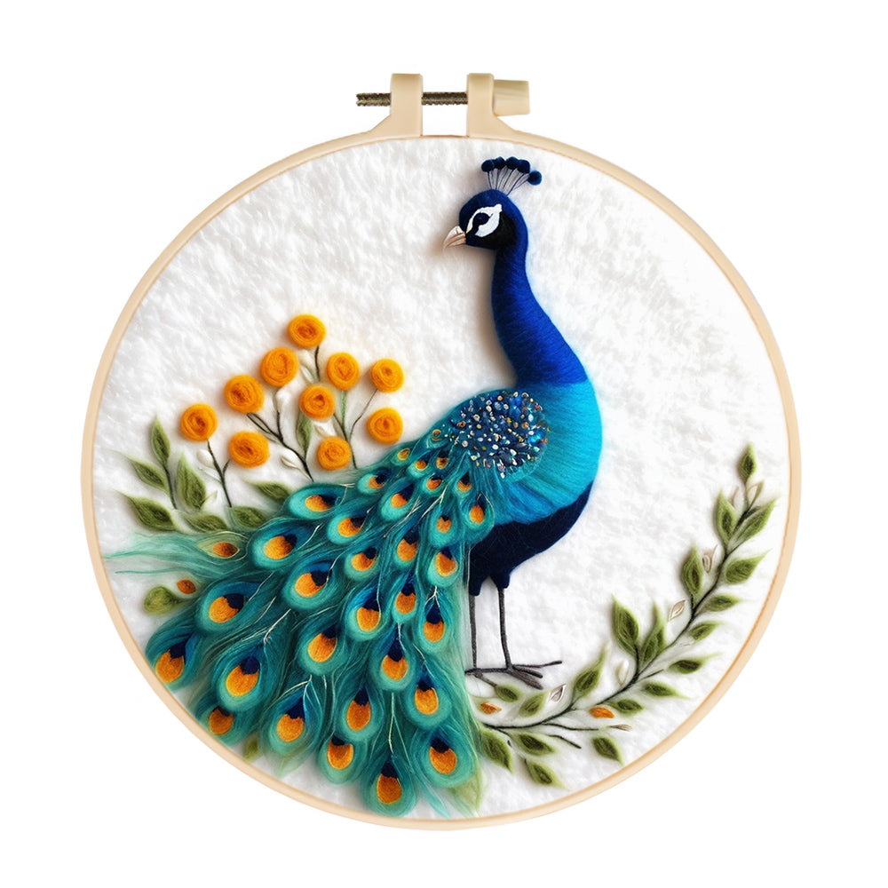 Vivid Peacock With Floral Branches Wool Needle Felting Painting Kit