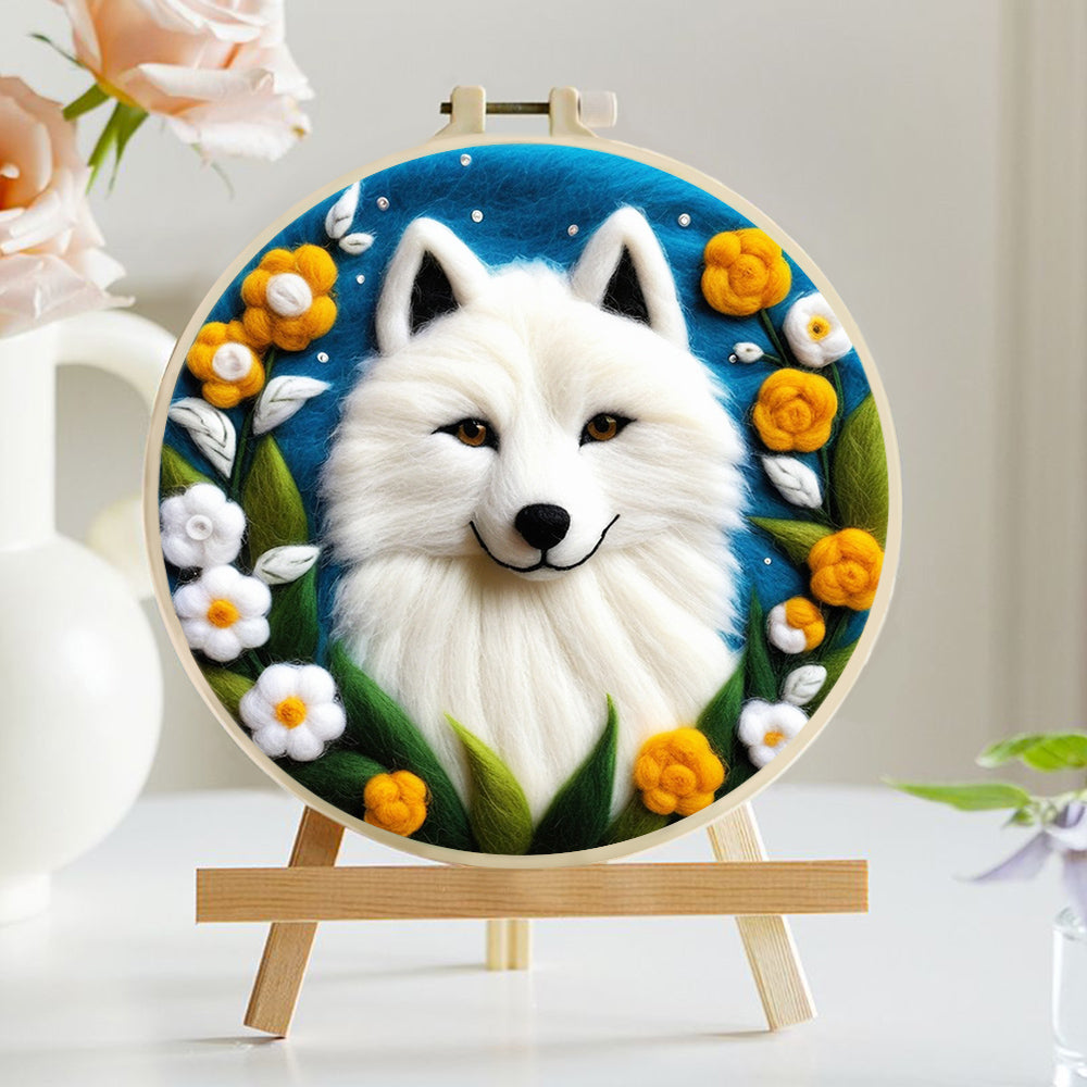Clean White Fox With Floral Leaves Wool Needle Felting Painting Kit