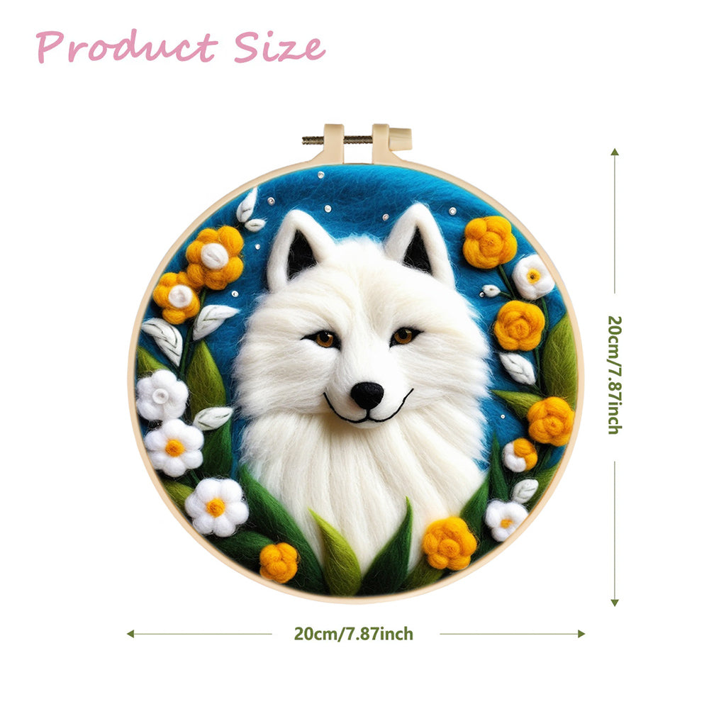 Clean White Fox With Floral Leaves Wool Needle Felting Painting Kit
