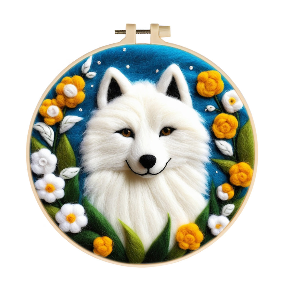 Clean White Fox With Floral Leaves Wool Needle Felting Painting Kit