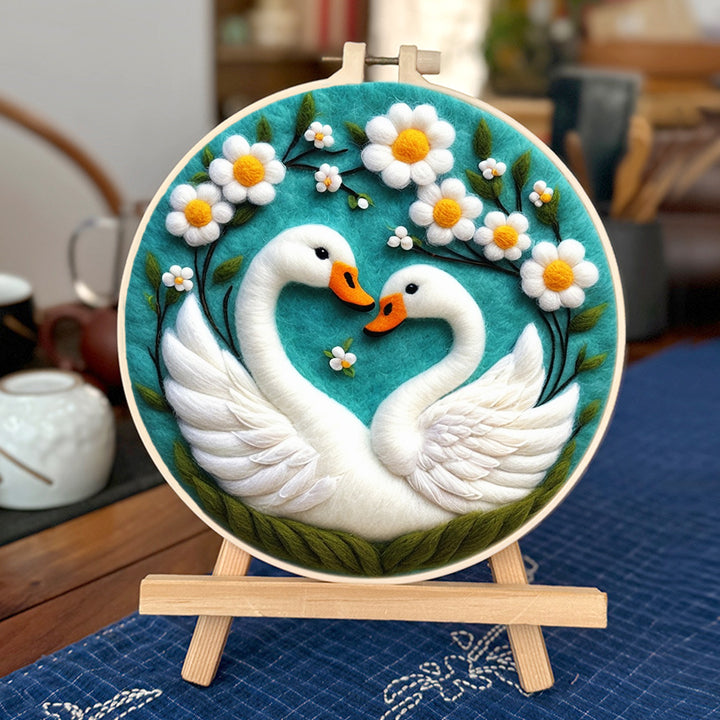 Loving Swans with Vibrant Daisies Wool Needle Felting Painting Kit