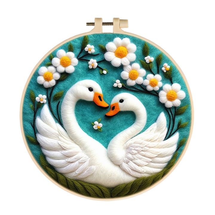 Loving Swans with Vibrant Daisies Wool Needle Felting Painting Kit