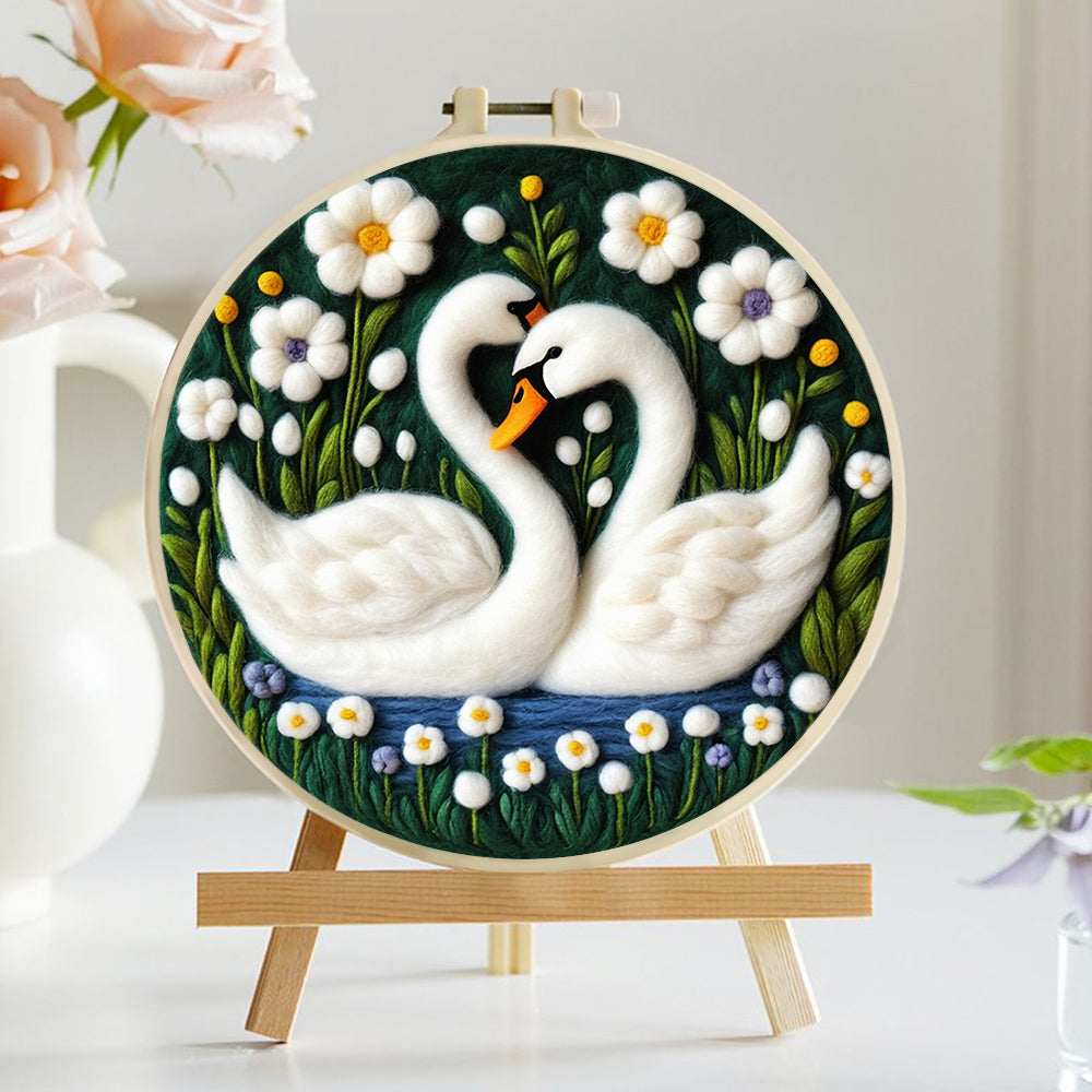 Clean White Swans Among Flowers Wool Needle Felting Painting Kit