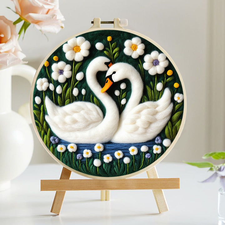 Clean White Swans Among Flowers Wool Needle Felting Painting Kit