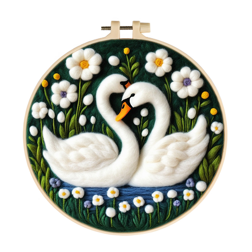 Clean White Swans Among Flowers Wool Needle Felting Painting Kit