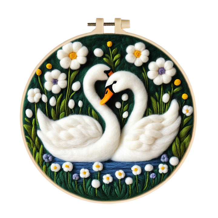 Clean White Swans Among Flowers Wool Needle Felting Painting Kit