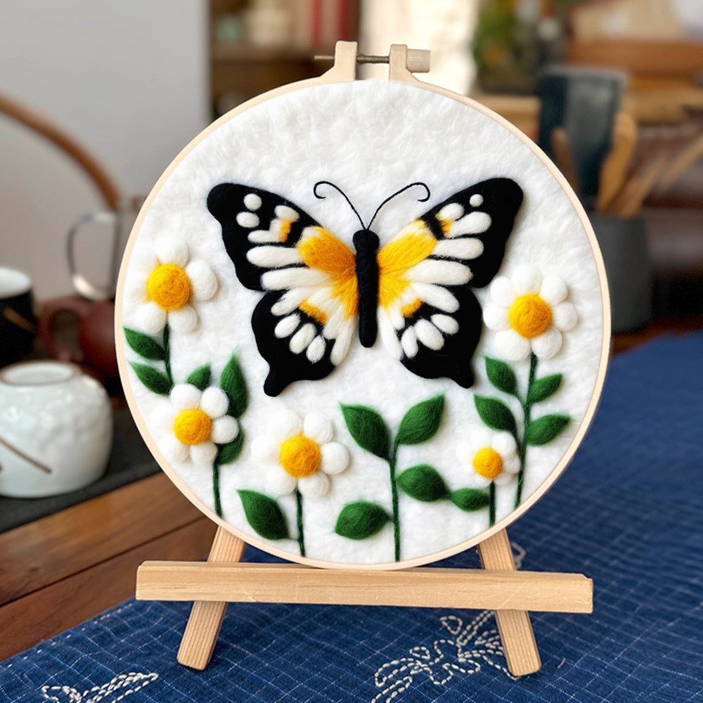 Yellow Butterfly Surrounded by Flowers Wool Needle Felting Painting Kit