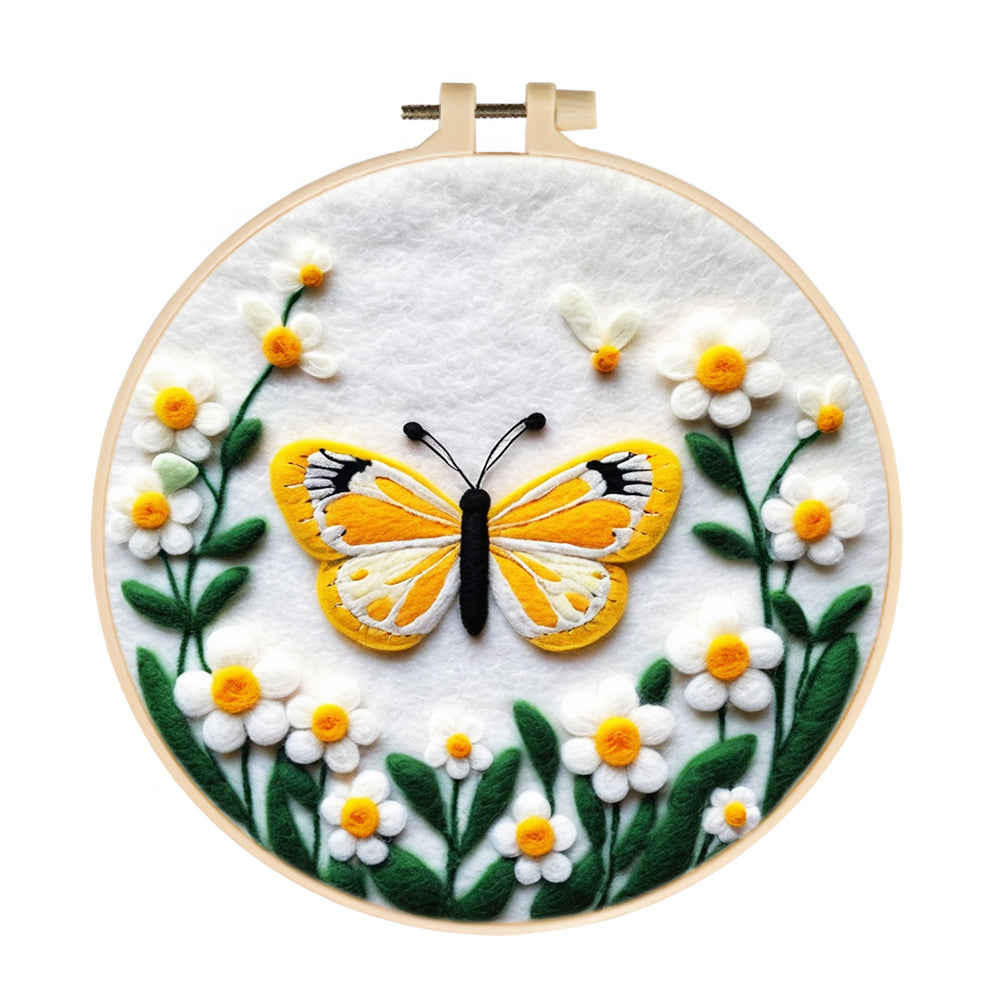 Fluttering Butterfly Surrounded by Daisies Wool Needle Felting Painting Kit