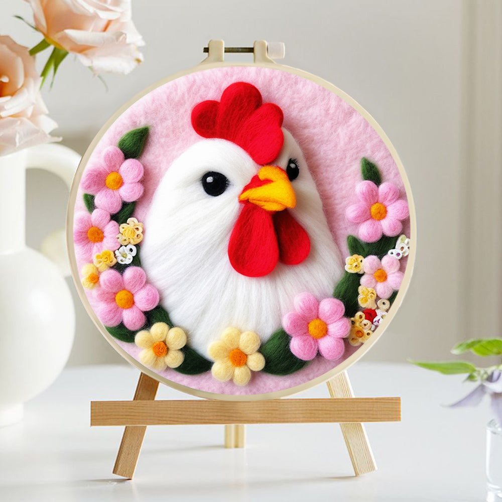Calm White Chicken Among Flowers Wool Needle Felting Painting Kit