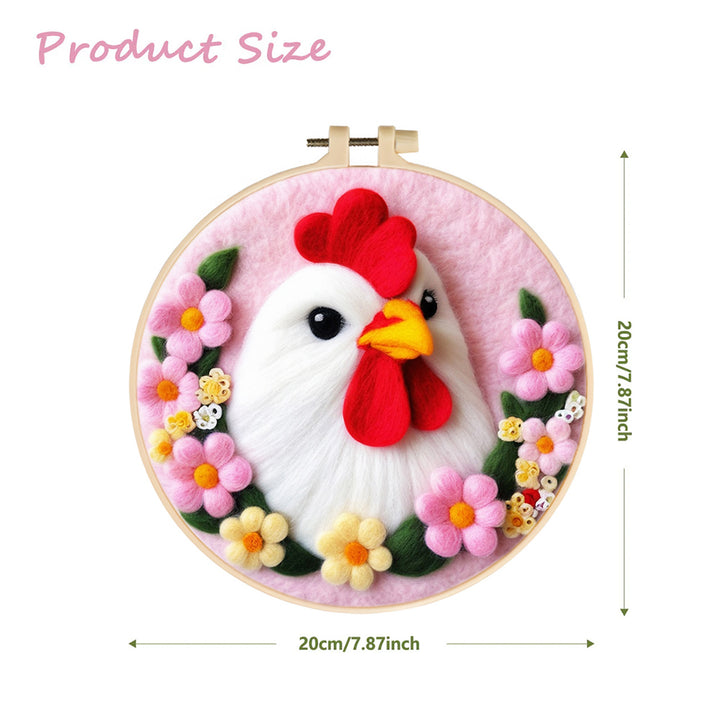 Calm White Chicken Among Flowers Wool Needle Felting Painting Kit