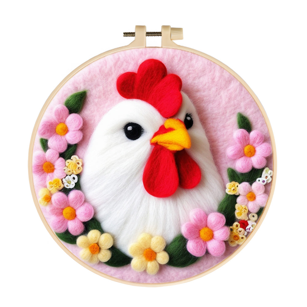 Calm White Chicken Among Flowers Wool Needle Felting Painting Kit