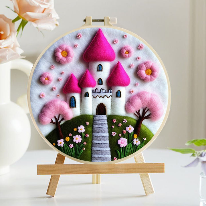 Pink Castle With Garden Flowers and Tree Wool Needle Felting Painting Kit