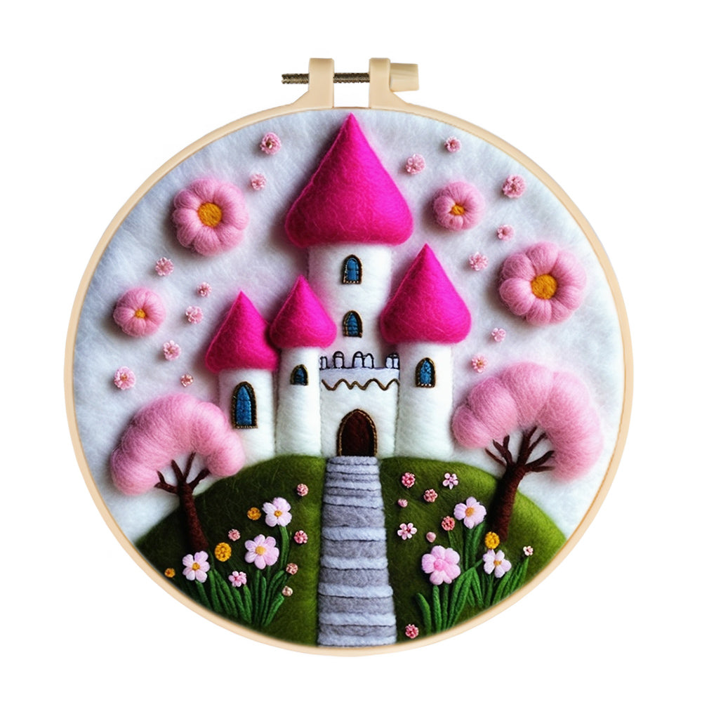Pink Castle With Garden Flowers and Tree Wool Needle Felting Painting Kit