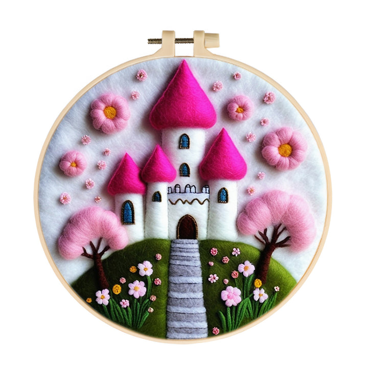 Pink Castle With Garden Flowers and Tree Wool Needle Felting Painting Kit
